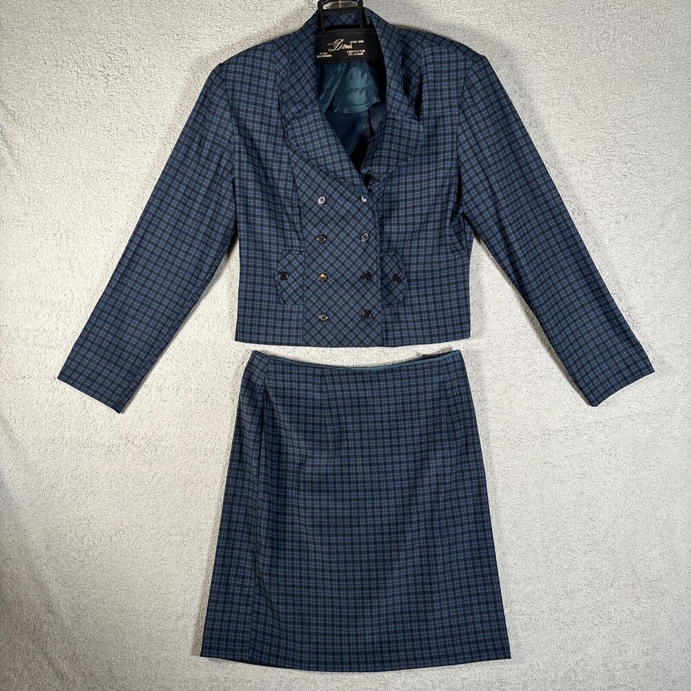 Dress Barn 2 Piece Suit Skirt‎ Double Breast Size 10 Blue Plaid Clueless 90s Y2K